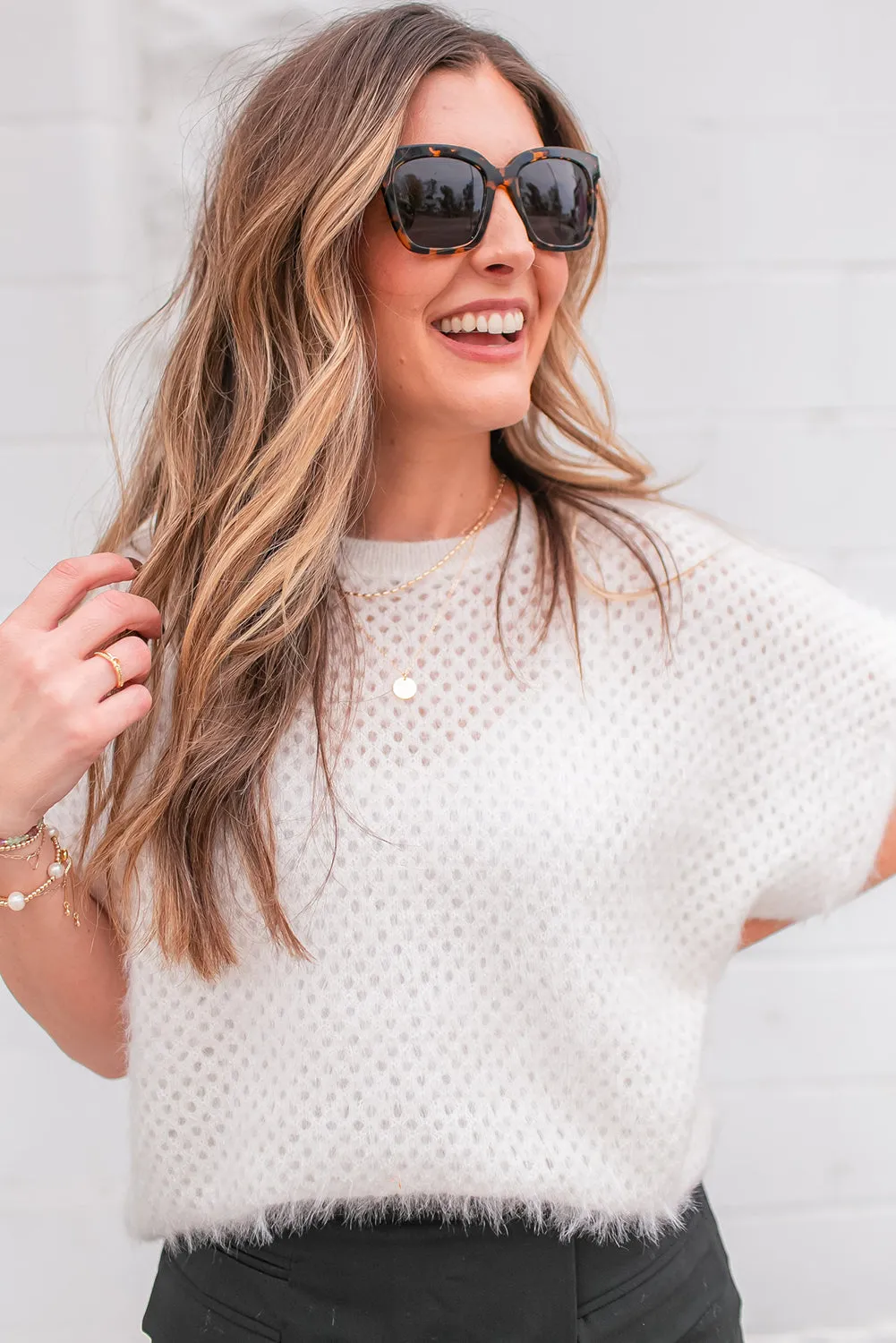 White Plush Eyelet Knitted Short Sleeve Top