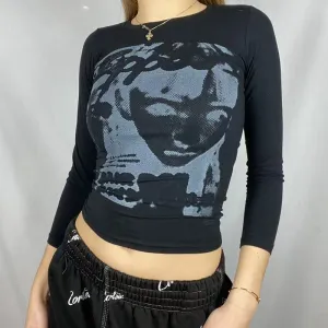 Women Slim Fit Crop Top Adults Ladies Summer  Letter Portrait Print Short Sleeve Round Neck T-Shirt Pink Green Black