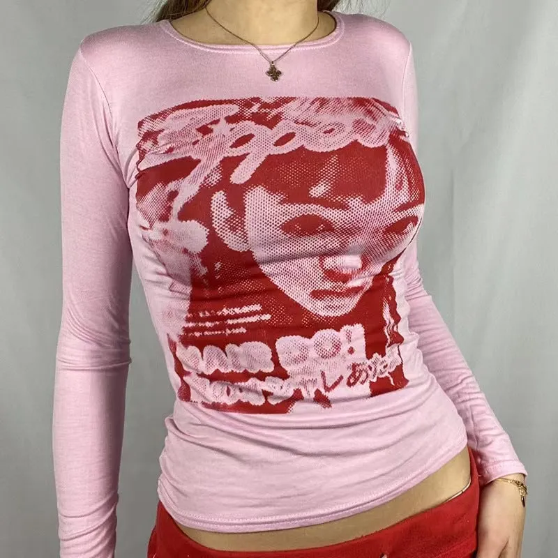 Women Slim Fit Crop Top Adults Ladies Summer  Letter Portrait Print Short Sleeve Round Neck T-Shirt Pink Green Black