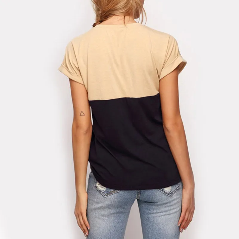 Women Tee Tops Patchwork Crew Neck Short Sleeve T-shirt Casual Female Tee Shirts NW