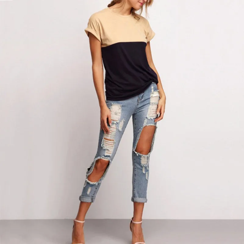 Women Tee Tops Patchwork Crew Neck Short Sleeve T-shirt Casual Female Tee Shirts NW