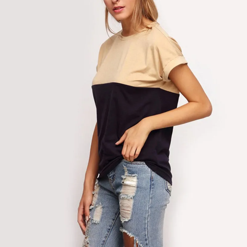 Women Tee Tops Patchwork Crew Neck Short Sleeve T-shirt Casual Female Tee Shirts NW