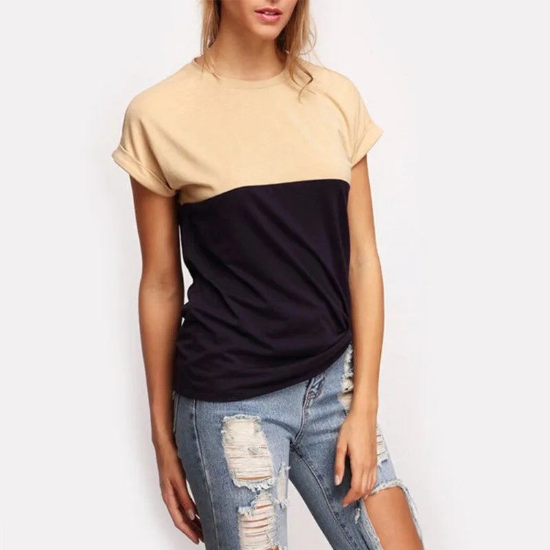 Women Tee Tops Patchwork Crew Neck Short Sleeve T-shirt Casual Female Tee Shirts NW