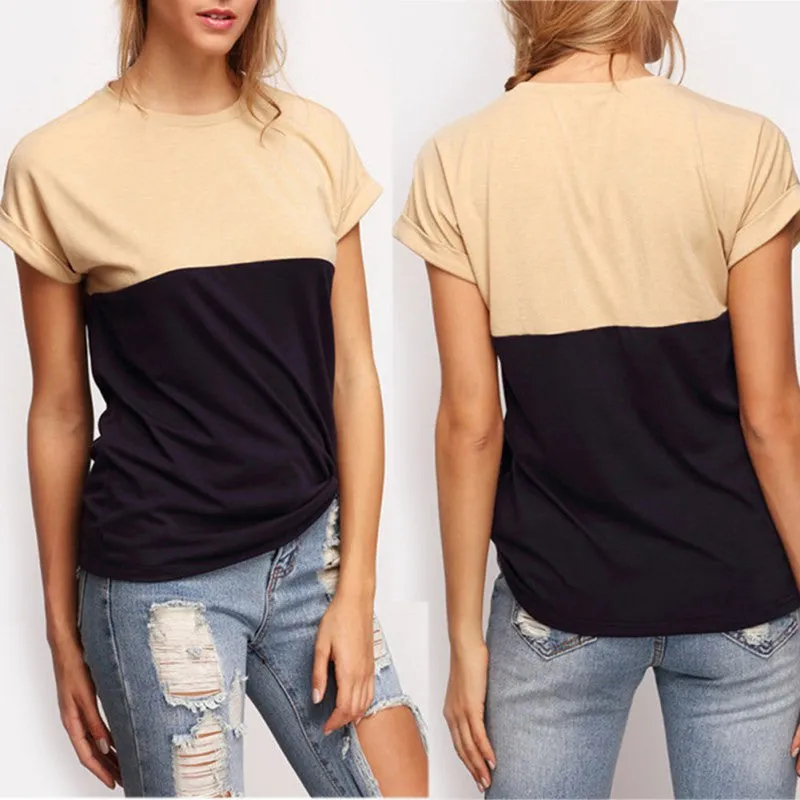 Women Tee Tops Patchwork Crew Neck Short Sleeve T-shirt Casual Female Tee Shirts NW
