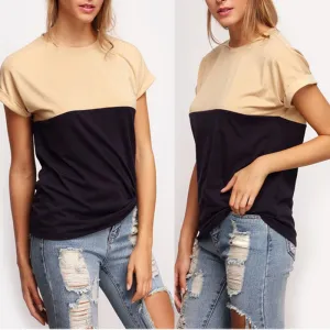 Women Tee Tops Patchwork Crew Neck Short Sleeve T-shirt Casual Female Tee Shirts NW