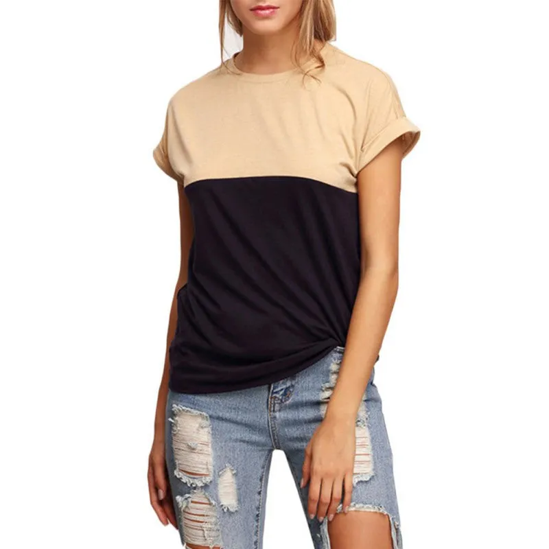 Women Tee Tops Patchwork Crew Neck Short Sleeve T-shirt Casual Female Tee Shirts NW