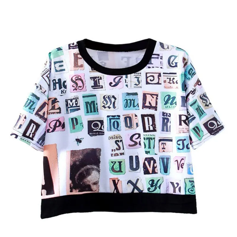 Women Tops Slim Hipster Round Neck Short T-Shirt Half Sleeve Multi Print Polyester Casual T-Shirt NW