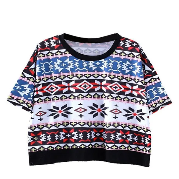 Women Tops Slim Hipster Round Neck Short T-Shirt Half Sleeve Multi Print Polyester Casual T-Shirt NW