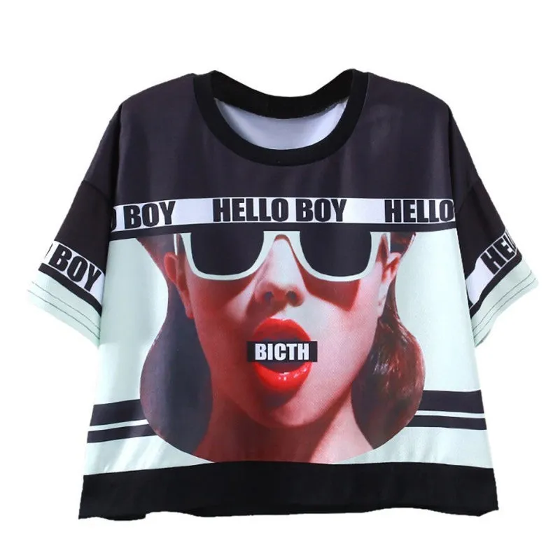 Women Tops Slim Hipster Round Neck Short T-Shirt Half Sleeve Multi Print Polyester Casual T-Shirt NW