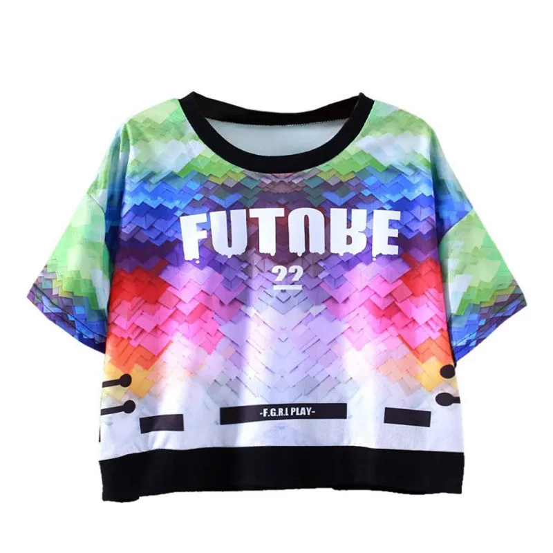 Women Tops Slim Hipster Round Neck Short T-Shirt Half Sleeve Multi Print Polyester Casual T-Shirt NW