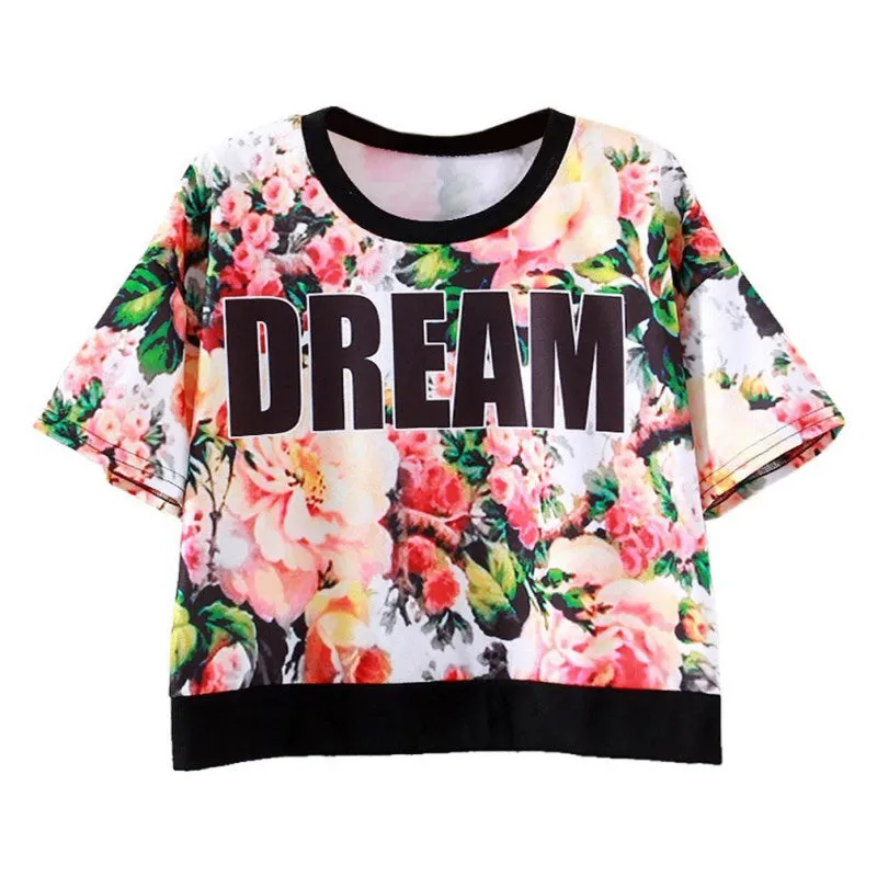 Women Tops Slim Hipster Round Neck Short T-Shirt Half Sleeve Multi Print Polyester Casual T-Shirt NW