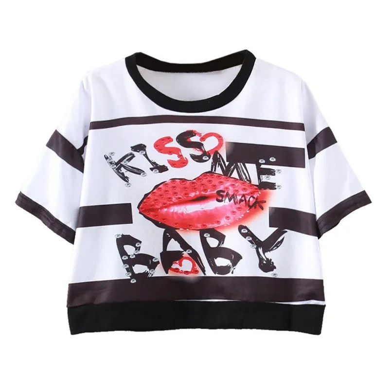 Women Tops Slim Hipster Round Neck Short T-Shirt Half Sleeve Multi Print Polyester Casual T-Shirt NW