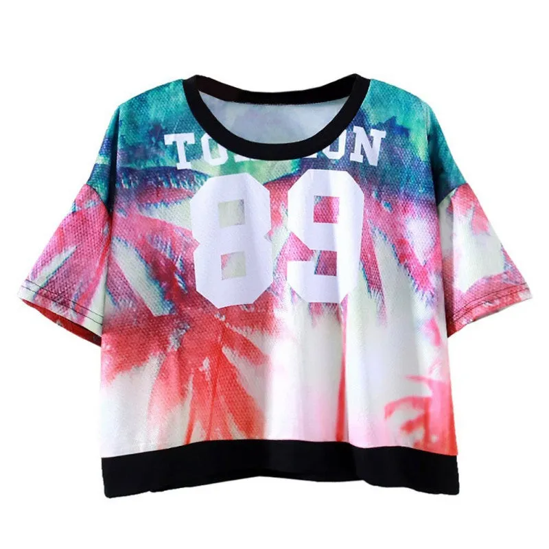 Women Tops Slim Hipster Round Neck Short T-Shirt Half Sleeve Multi Print Polyester Casual T-Shirt NW