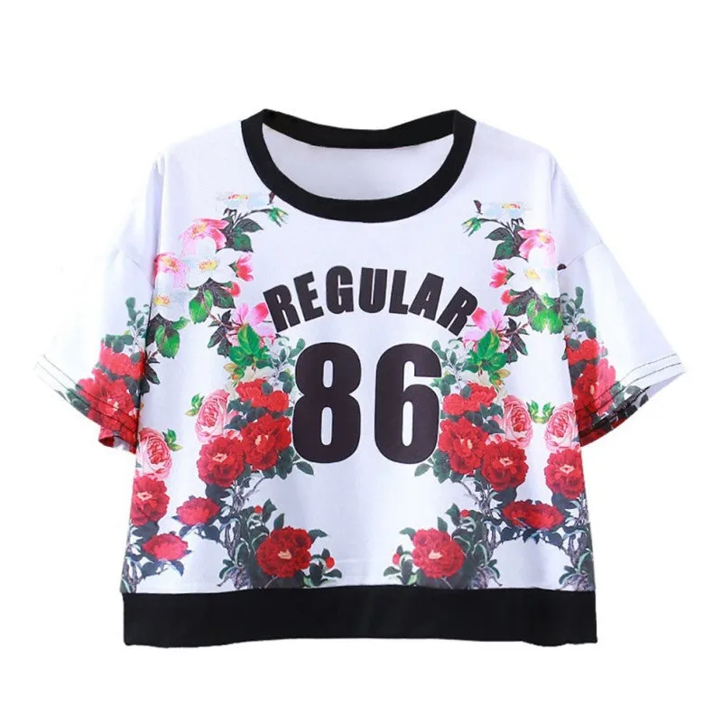 Women Tops Slim Hipster Round Neck Short T-Shirt Half Sleeve Multi Print Polyester Casual T-Shirt NW