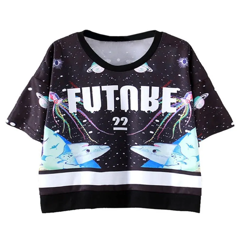 Women Tops Slim Hipster Round Neck Short T-Shirt Half Sleeve Multi Print Polyester Casual T-Shirt NW