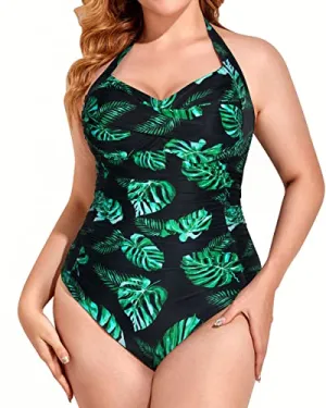 Women's Backless Style Plus Size One Piece Swimsuit-Black And Green Leaf