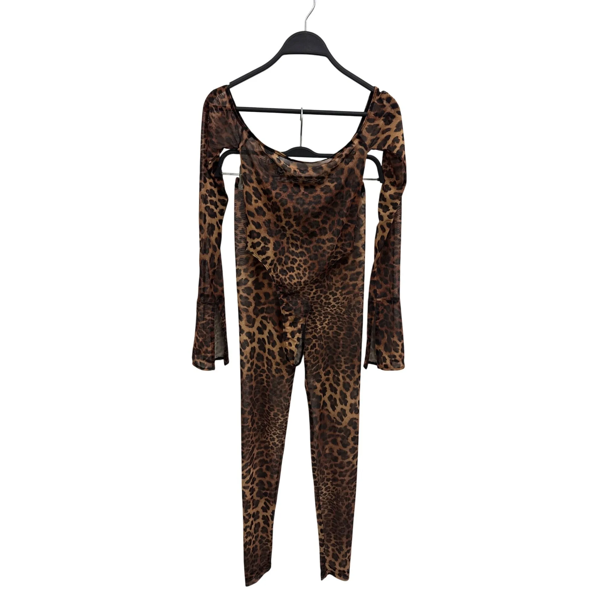 Womens Leopard Print Mesh Bodysuit & Leggings Set XS