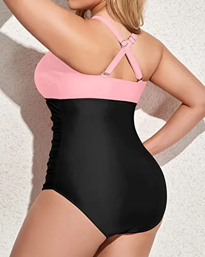 Women's Plus Size One Piece Swimsuit Deep V Neck Tummy Control Bathing Suit-Pink And Black