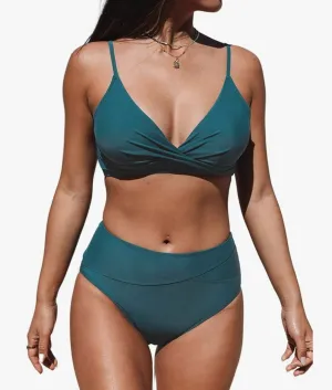 Women's Twist Front High Waisted Bikini Set V Neck Padded Two Pieces Bathing Suits Swimsuits