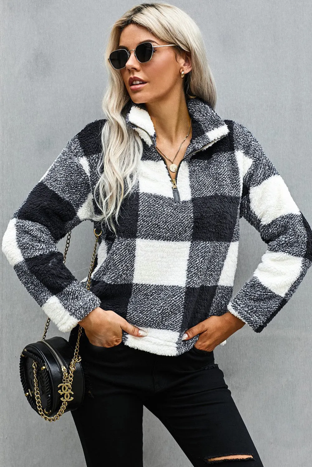 Women's Winter Black Plaid Zip Collar Plush Pullover Sweatshirt