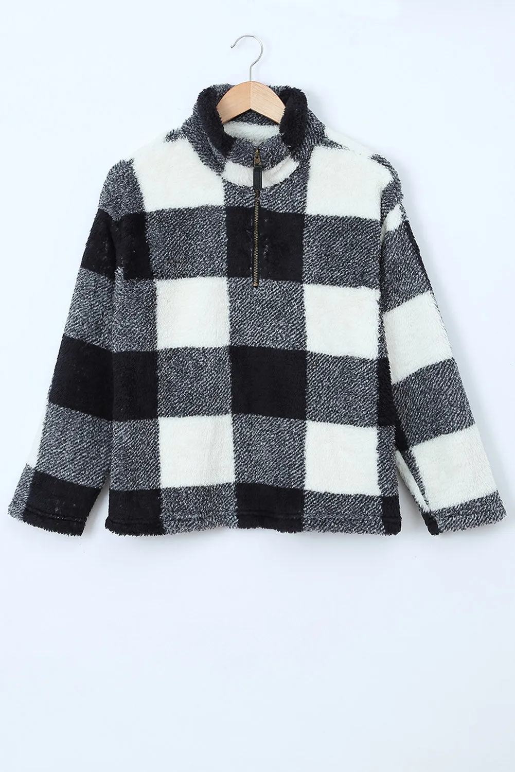 Women's Winter Black Plaid Zip Collar Plush Pullover Sweatshirt
