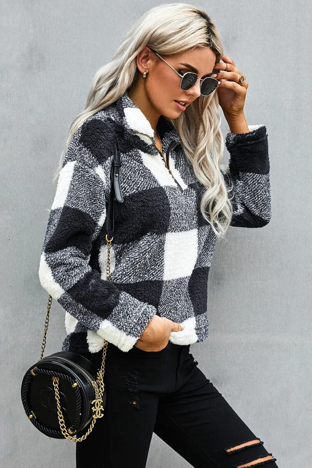 Women's Winter Black Plaid Zip Collar Plush Pullover Sweatshirt