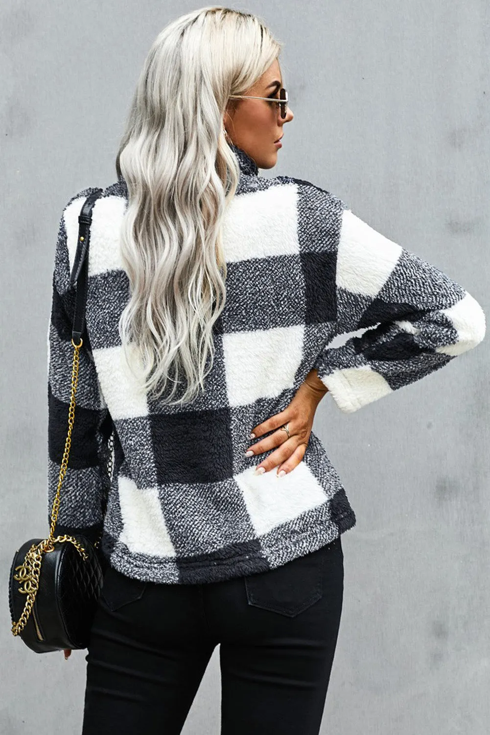 Women's Winter Black Plaid Zip Collar Plush Pullover Sweatshirt