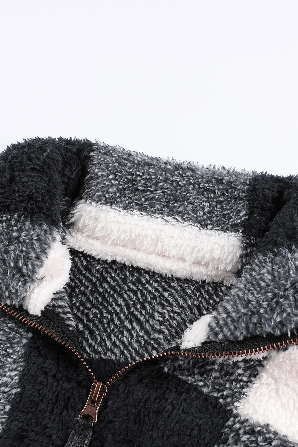 Women's Winter Black Plaid Zip Collar Plush Pullover Sweatshirt