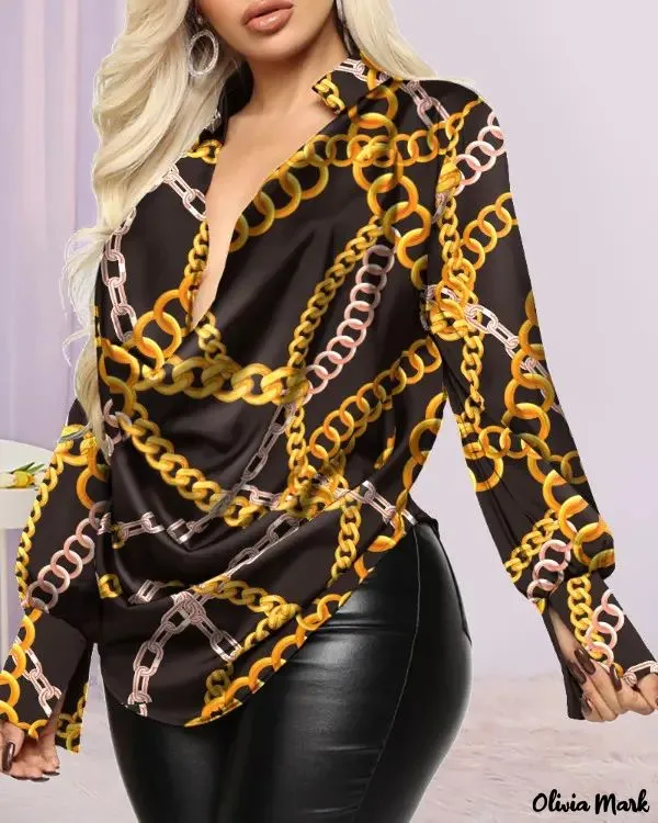 Xieyinshe - Chain Print Cowl Neck Long Sleeve Top