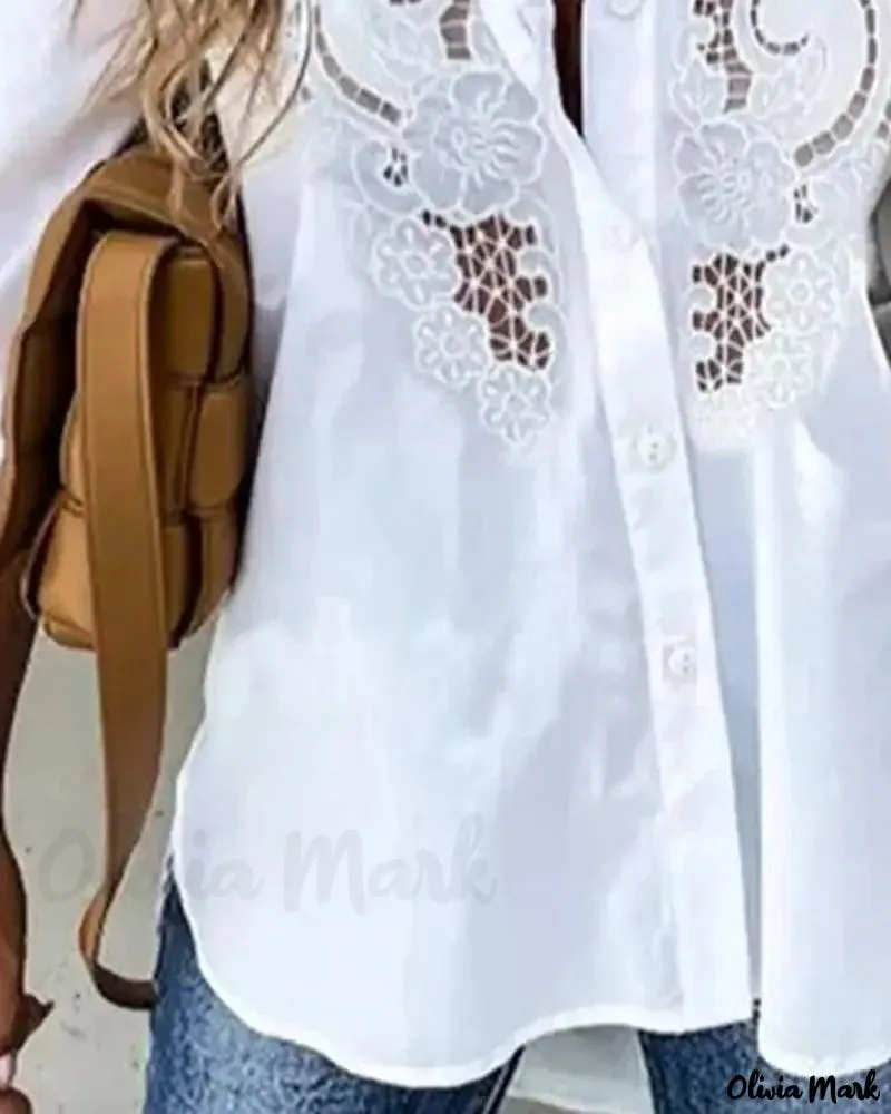 Xieyinshe - Contrast Lace Long Sleeve Button Down Shirt