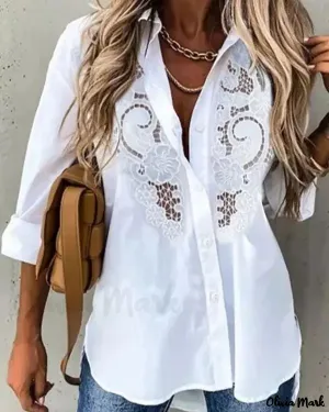 Xieyinshe - Contrast Lace Long Sleeve Button Down Shirt