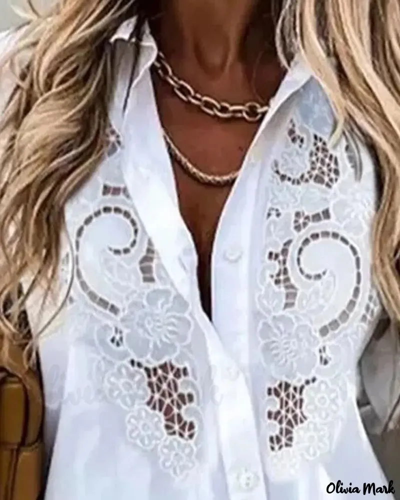 Xieyinshe - Contrast Lace Long Sleeve Button Down Shirt