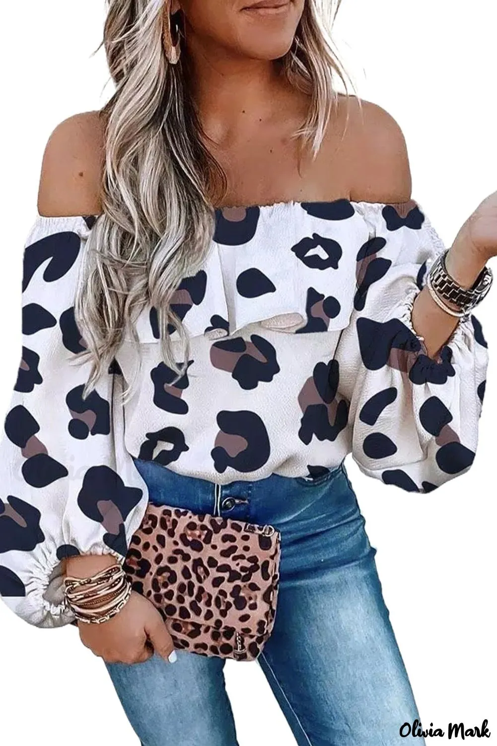 Xieyinshe - Leopard Long Sleeve Off Shoulder Blouse