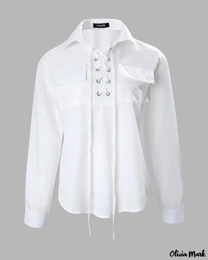 Xieyinshe - Long sleeve lace up pocket shirt
