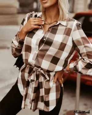 Xieyinshe - Plaid Print Long Sleeve Button-Up Shirt