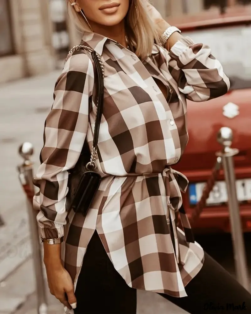 Xieyinshe - Plaid Print Long Sleeve Button-Up Shirt