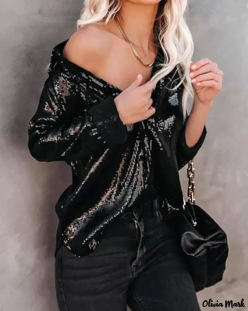 Xieyinshe - Sequin button-up shirt with long sleeves
