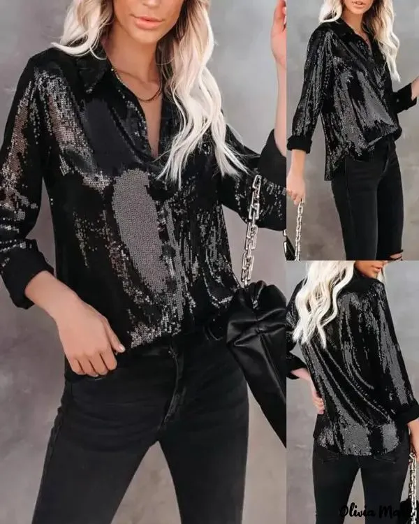 Xieyinshe - Sequin button-up shirt with long sleeves