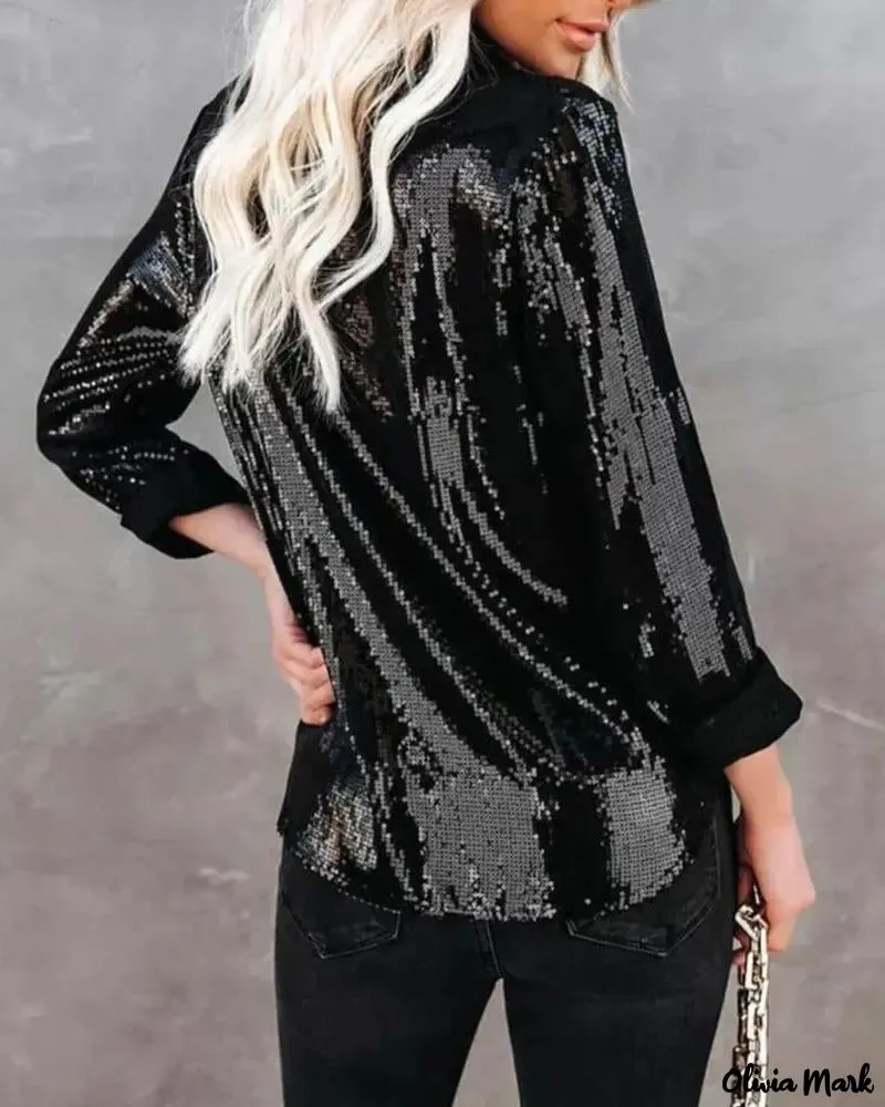 Xieyinshe - Sequin button-up shirt with long sleeves