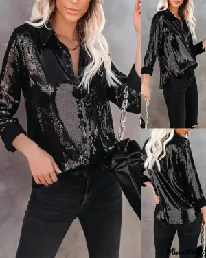 Xieyinshe - Sequin button-up shirt with long sleeves