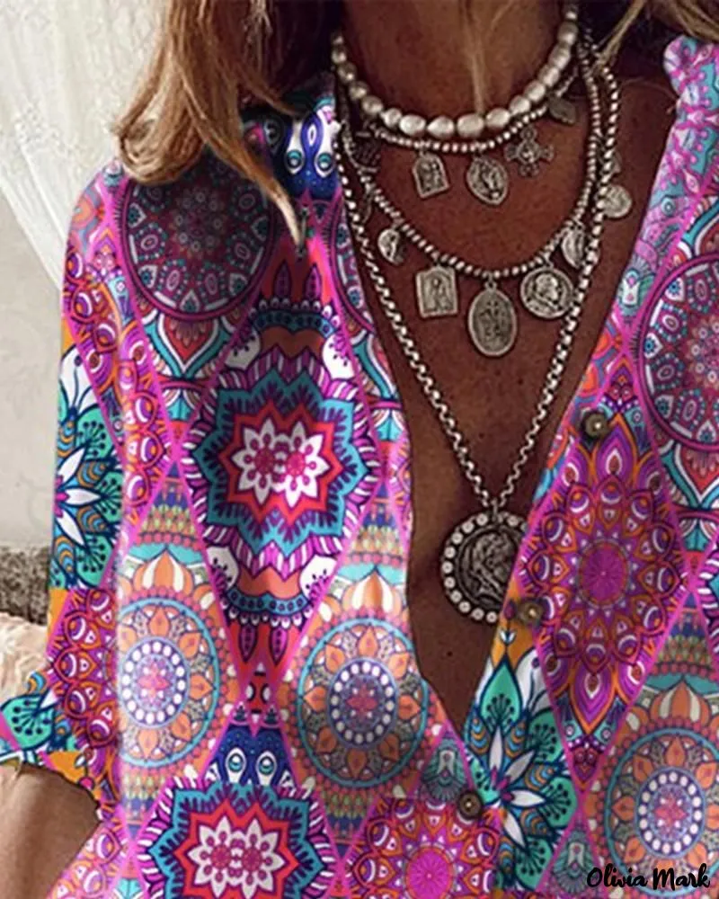 Xieyinshe - Tribal Print Long Sleeve Button-Up Shirt