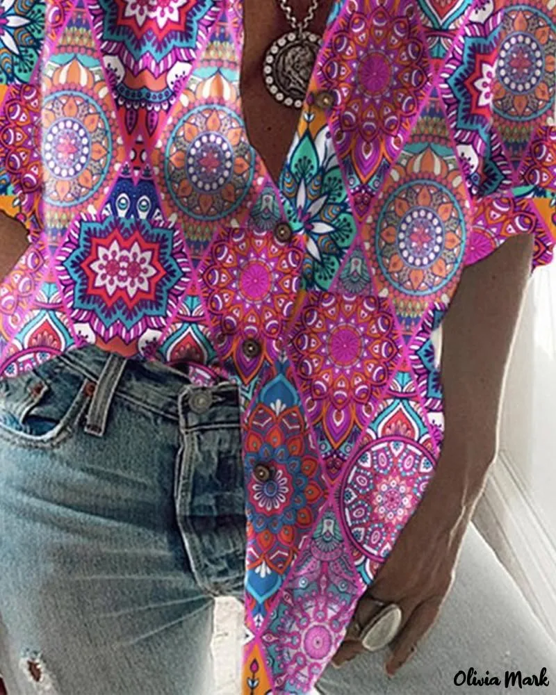 Xieyinshe - Tribal Print Long Sleeve Button-Up Shirt