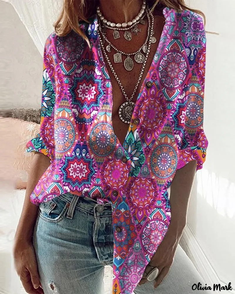 Xieyinshe - Tribal Print Long Sleeve Button-Up Shirt