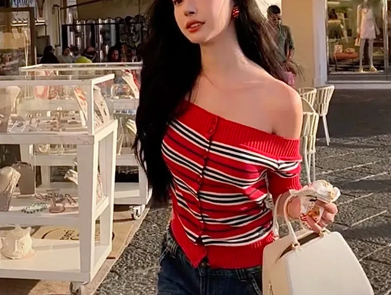 Y2K Striped Knitted Off Shoulder Button-front Sweater Knit Top