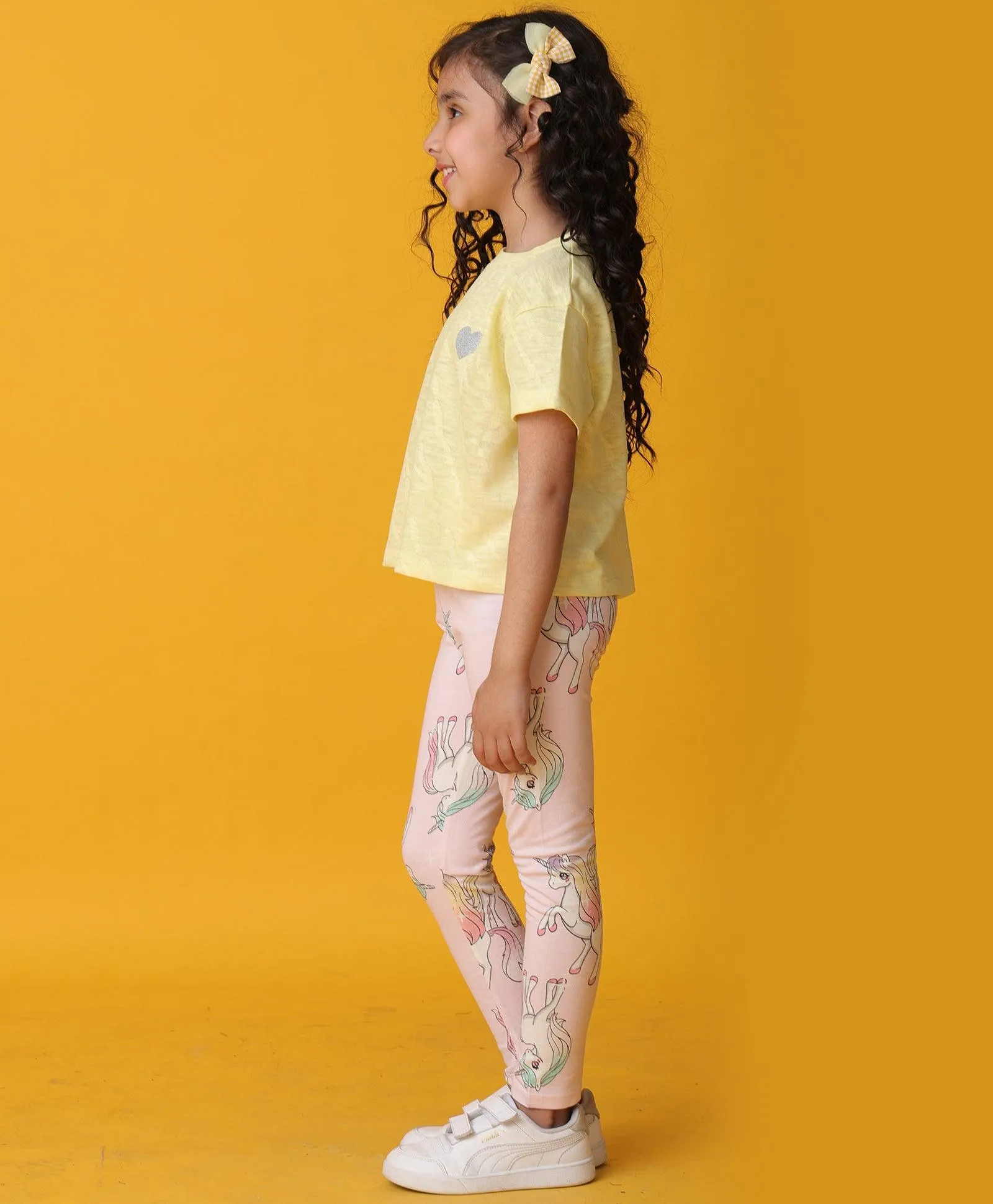 YELLOW JAQUARD UNICORN STAR LEGGINGS SET - YELLOW/PINK