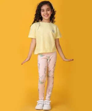 YELLOW JAQUARD UNICORN STAR LEGGINGS SET - YELLOW/PINK