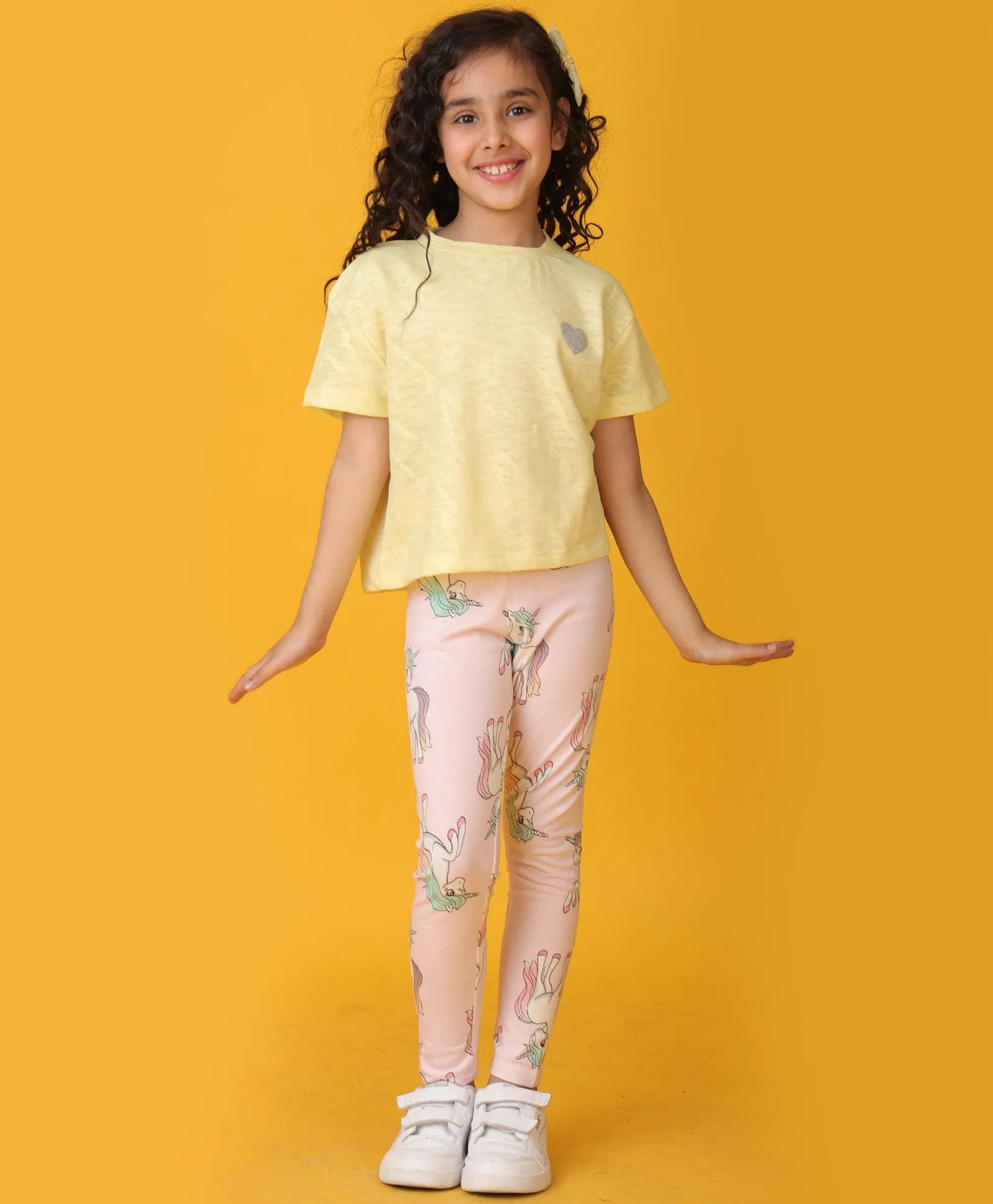 YELLOW JAQUARD UNICORN STAR LEGGINGS SET - YELLOW/PINK