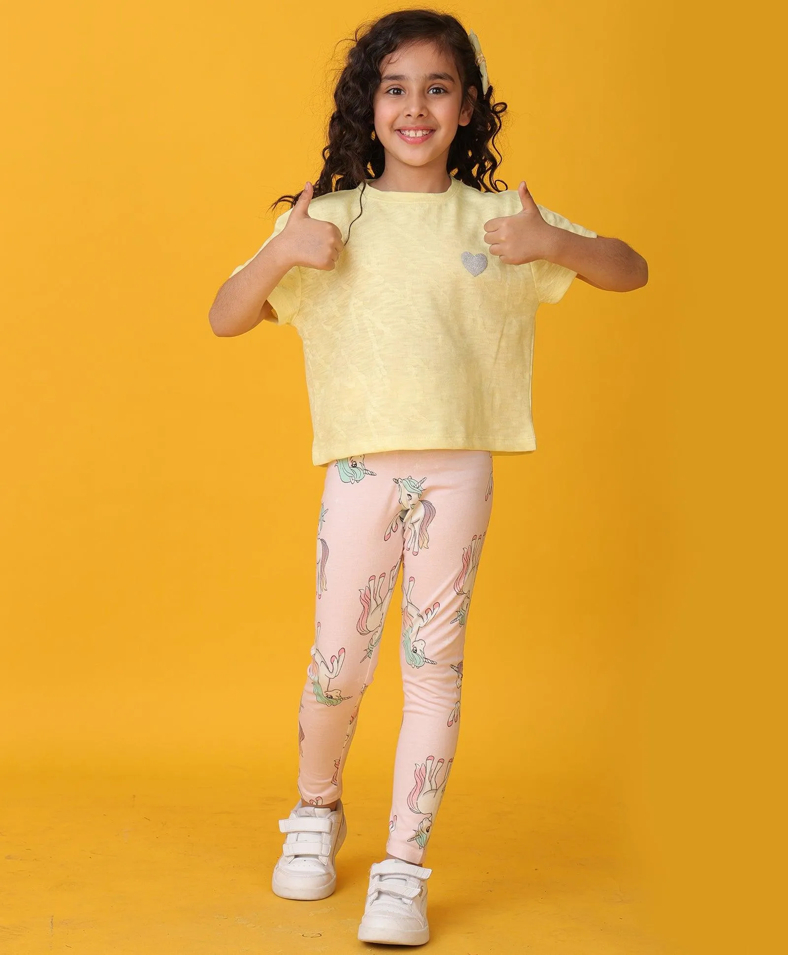 YELLOW JAQUARD UNICORN STAR LEGGINGS SET - YELLOW/PINK