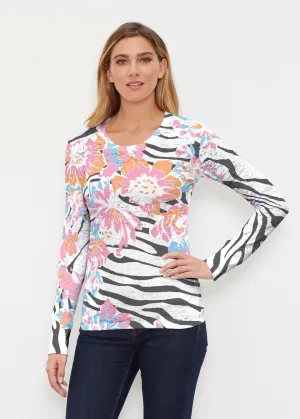 Zebra Posy Black (8118) ~ Thermal Long Sleeve Crew Shirt