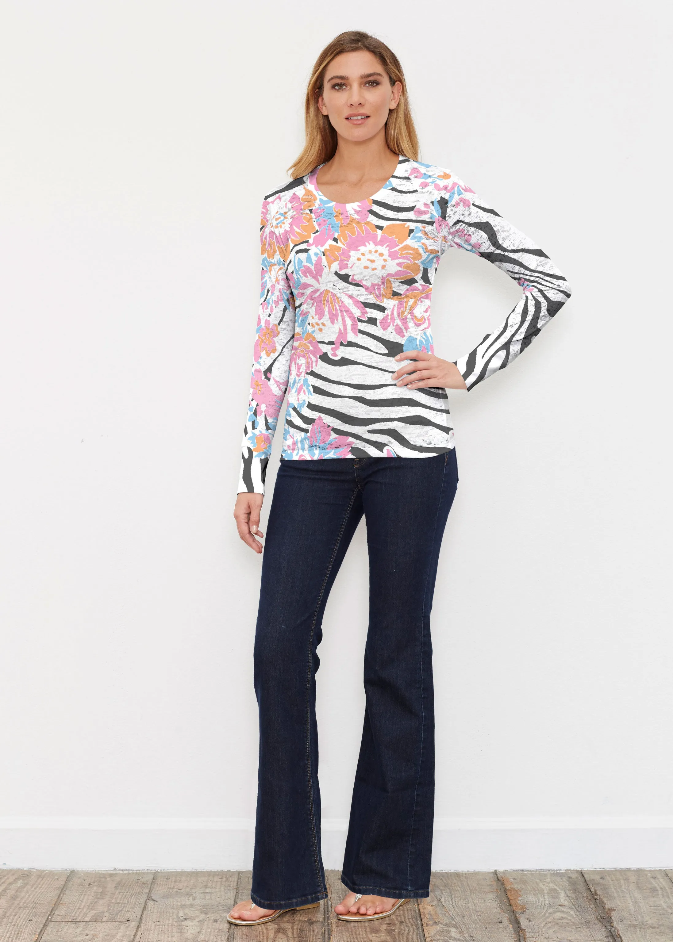 Zebra Posy Black (8118) ~ Thermal Long Sleeve Crew Shirt